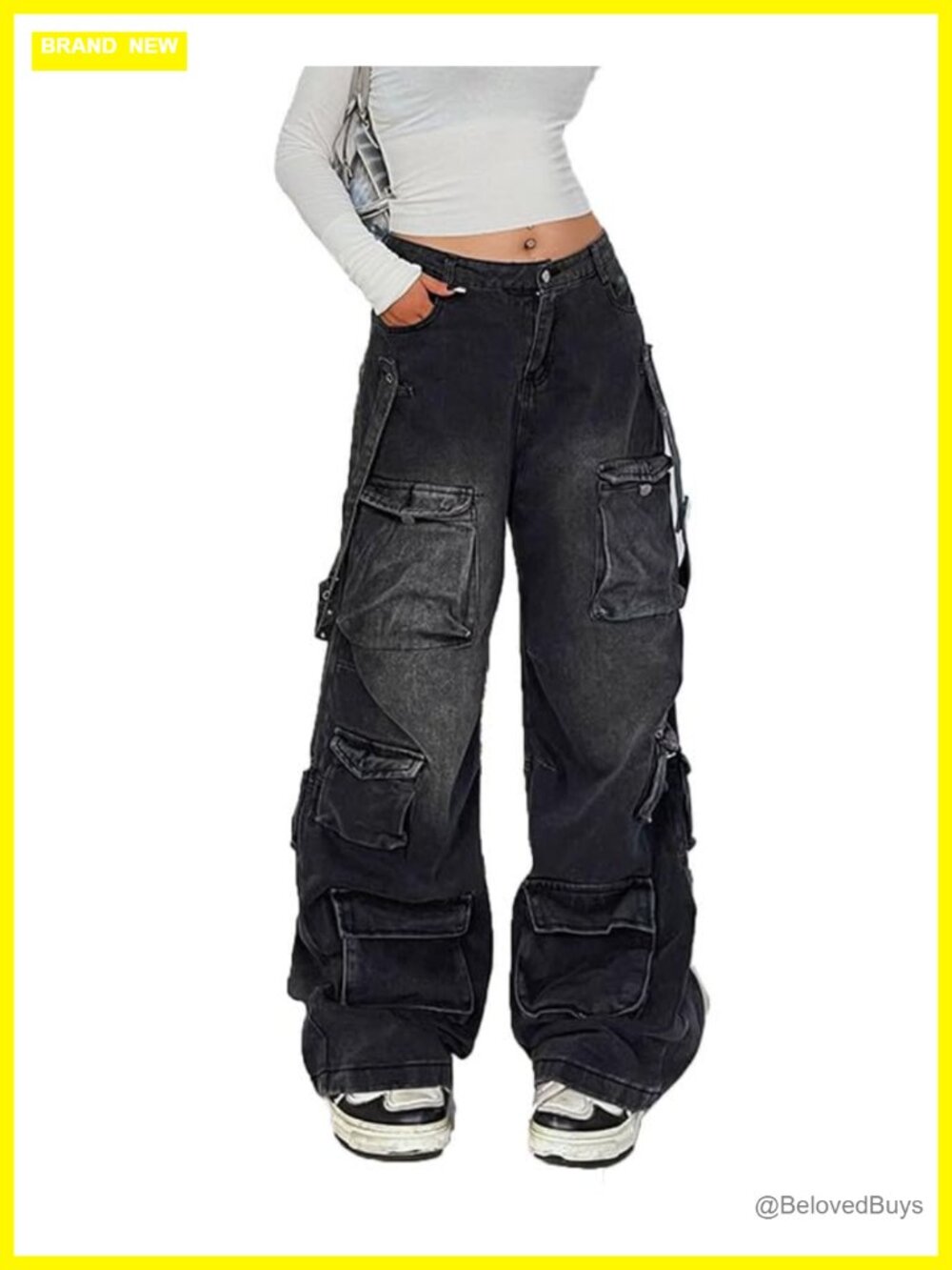 Womens Cargo Jeans Cotton Blend Low Waist Baggy Wide Leg Y2K Streetwear
